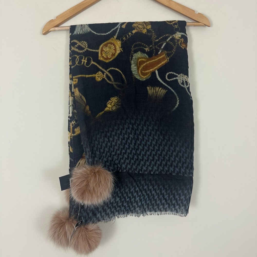 Jeffrey Thomas Woven Scarf Navy Blue Equestrian Horse Fox Pom Pom SCBS08 NEW